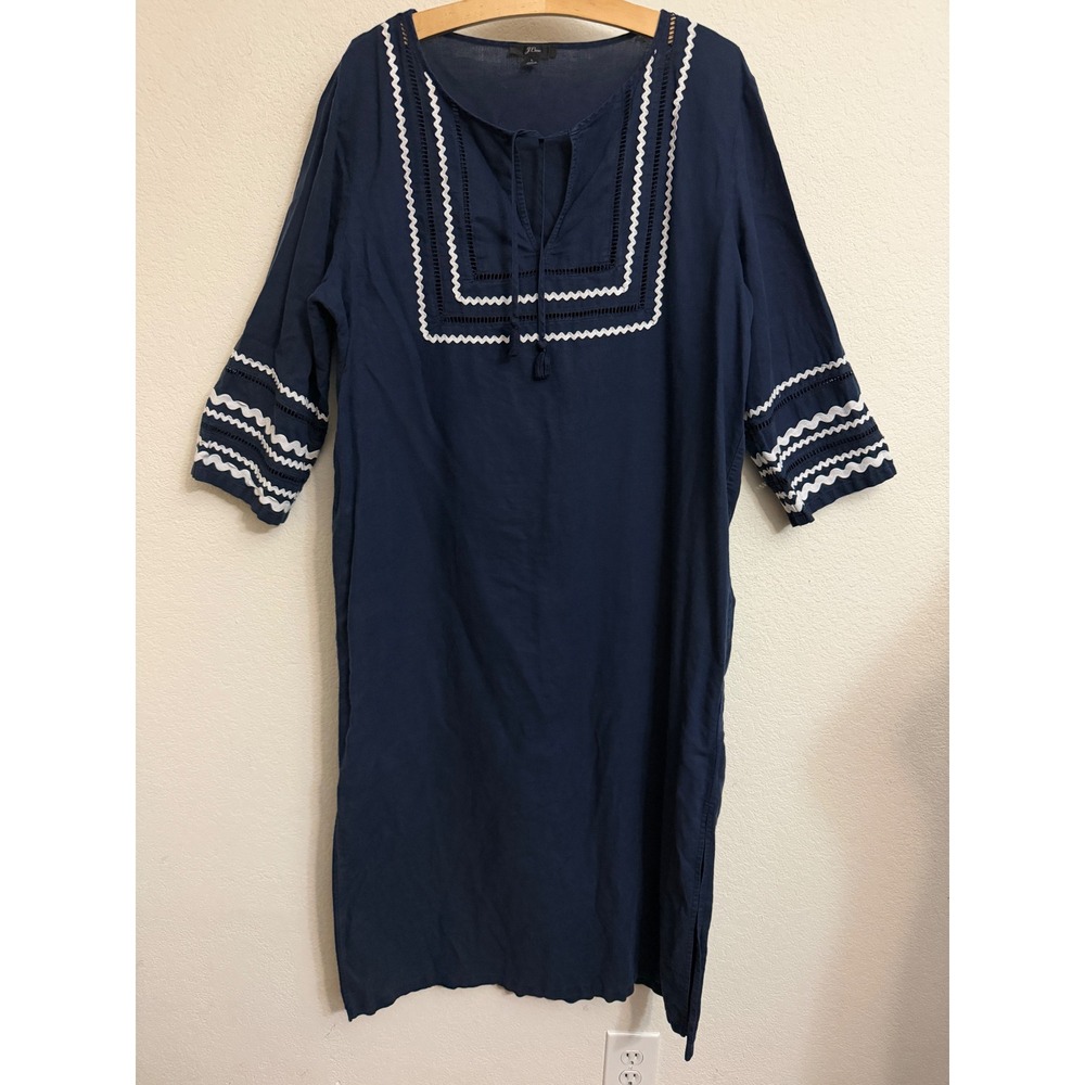 J.Crew Navy Blue Linen Cotton Rickrack Tassel Midi Kaftan Dress Womens L